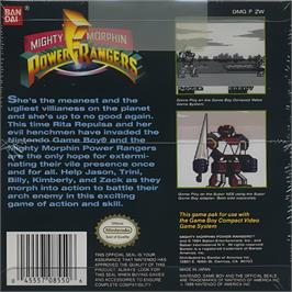 Box back cover for Mighty Morphin Power Rangers on the Nintendo Game Boy.