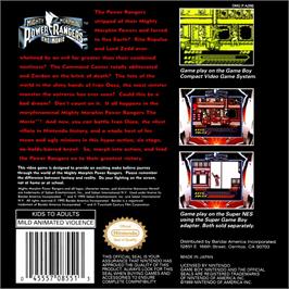 Box back cover for Mighty Morphin Power Rangers - The Movie on the Nintendo Game Boy.