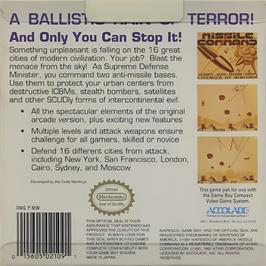 Box back cover for Missile Command on the Nintendo Game Boy.