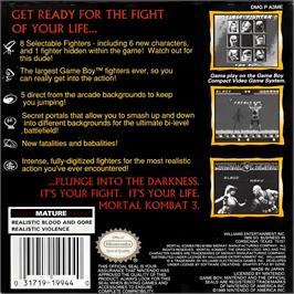 Box back cover for Mortal Kombat 3 on the Nintendo Game Boy.