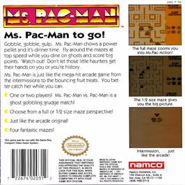 Box back cover for Ms. Pac-man on the Nintendo Game Boy.