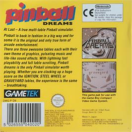 Box back cover for Pinball Dreams on the Nintendo Game Boy.