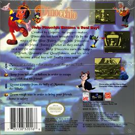 Box back cover for Pinocchio on the Nintendo Game Boy.
