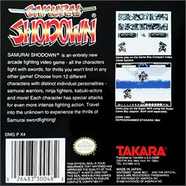 Box back cover for Samurai Shodown on the Nintendo Game Boy.
