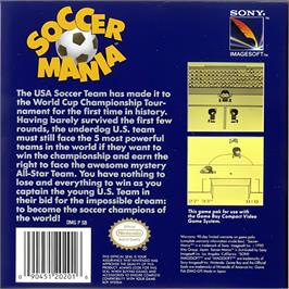 Box back cover for Soccer Mania on the Nintendo Game Boy.