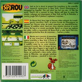 Box back cover for Spirou on the Nintendo Game Boy.