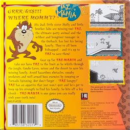 Box back cover for Taz-Mania on the Nintendo Game Boy.