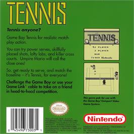 Box back cover for Tennis on the Nintendo Game Boy.