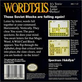 Box back cover for Wordtris on the Nintendo Game Boy.