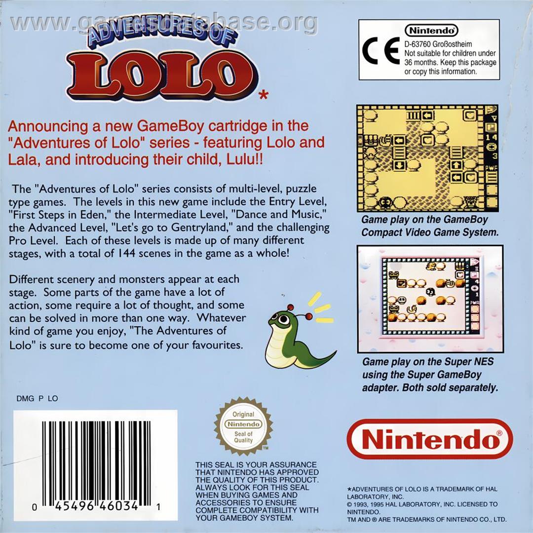Adventures Of Lolo - Nintendo Game Boy - Artwork - Box Back