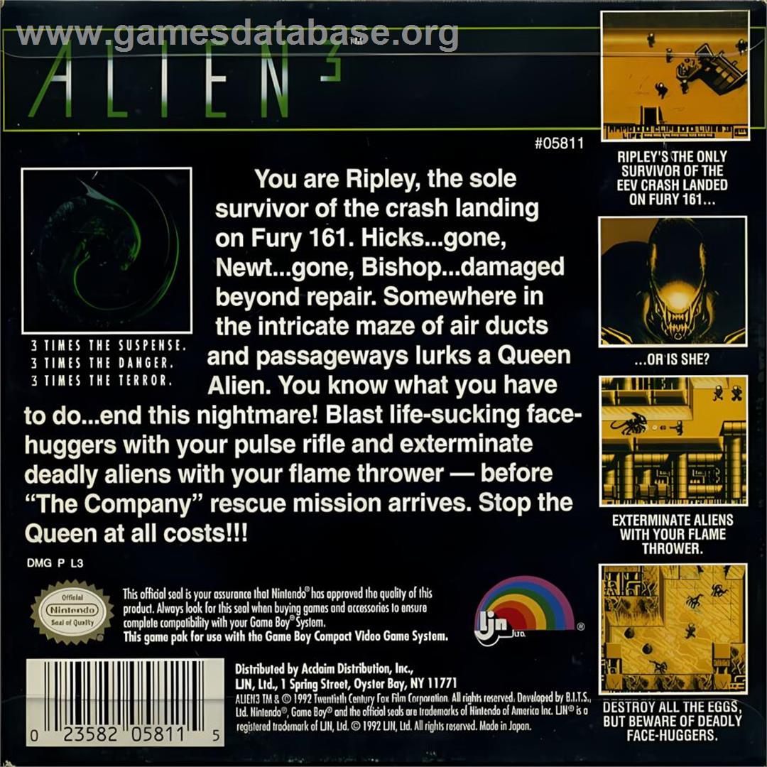Alien 3 - Nintendo Game Boy - Artwork - Box Back