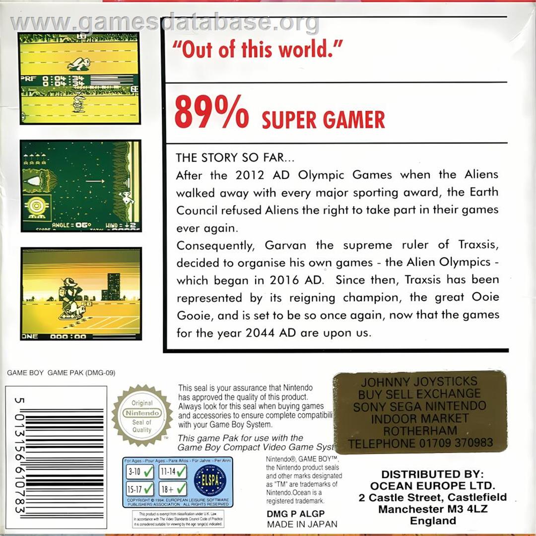 Alien Olympics - Nintendo Game Boy - Artwork - Box Back