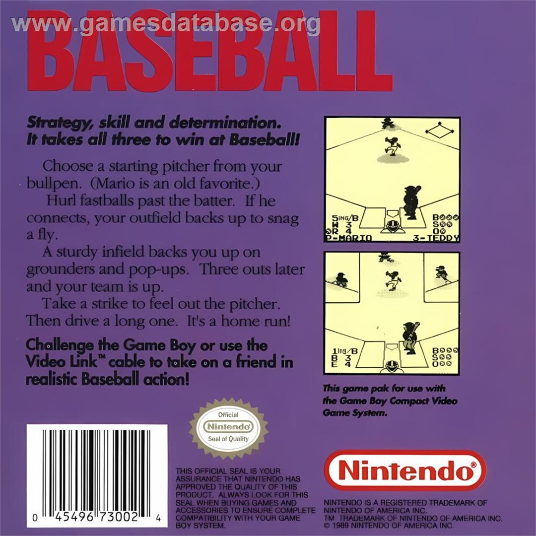 Baseball - Nintendo Game Boy - Artwork - Box Back