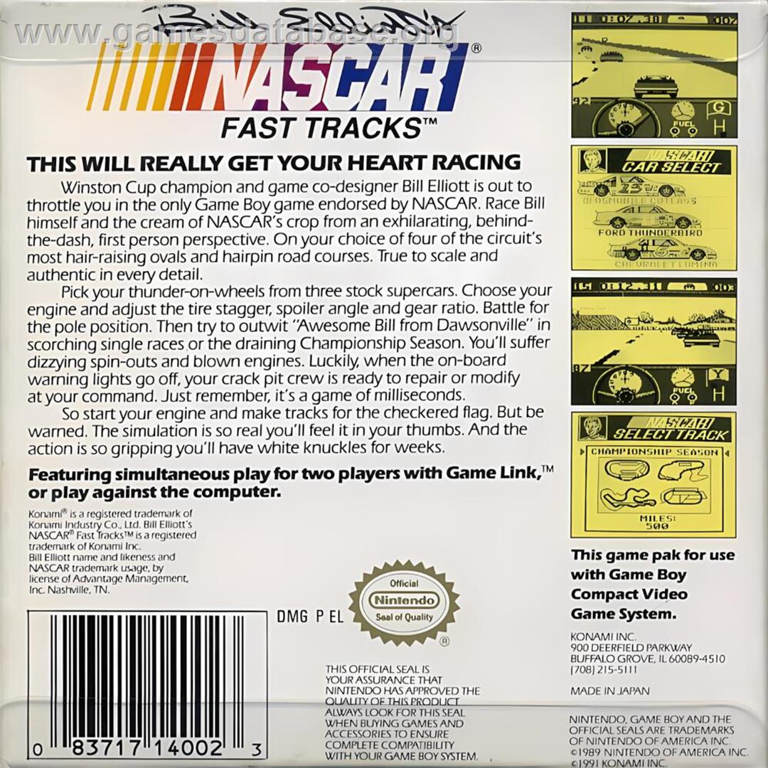 Bill Elliott's Nascar Fast Tracks - Nintendo Game Boy - Artwork - Box Back