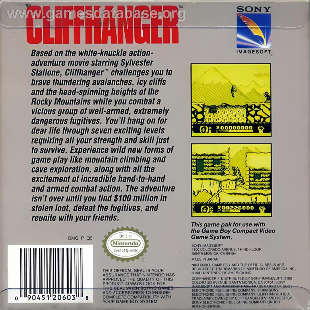Cliffhanger - Nintendo Game Boy - Artwork - Box Back