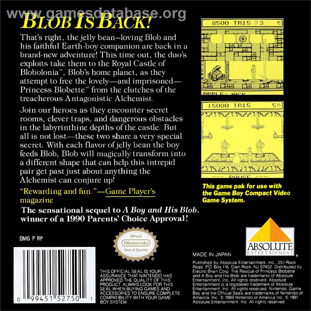 David Crane's The Rescue Of Princess Blobette - Nintendo Game Boy - Artwork - Box Back