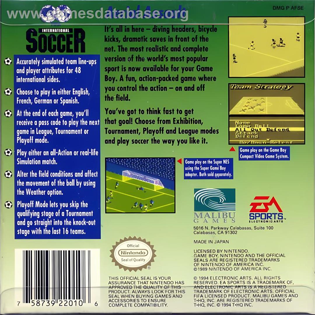 Fifa International Soccer - Nintendo Game Boy - Artwork - Box Back