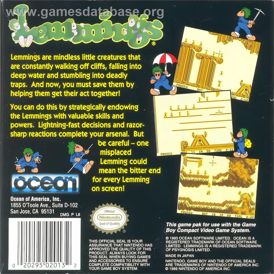 Lemmings - Nintendo Game Boy - Artwork - Box Back