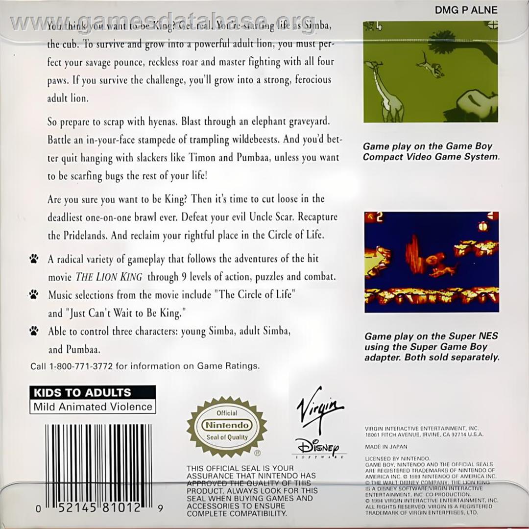 Lion King, The - Nintendo Game Boy - Artwork - Box Back
