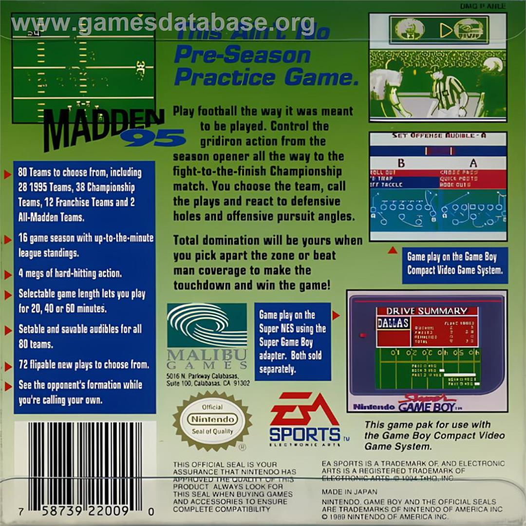 Madden '95 - Nintendo Game Boy - Artwork - Box Back