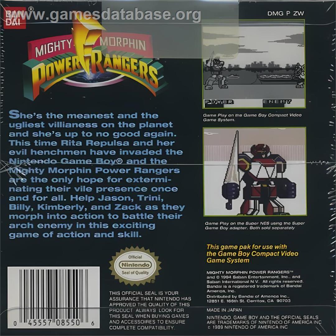 Mighty Morphin Power Rangers - Nintendo Game Boy - Artwork - Box Back