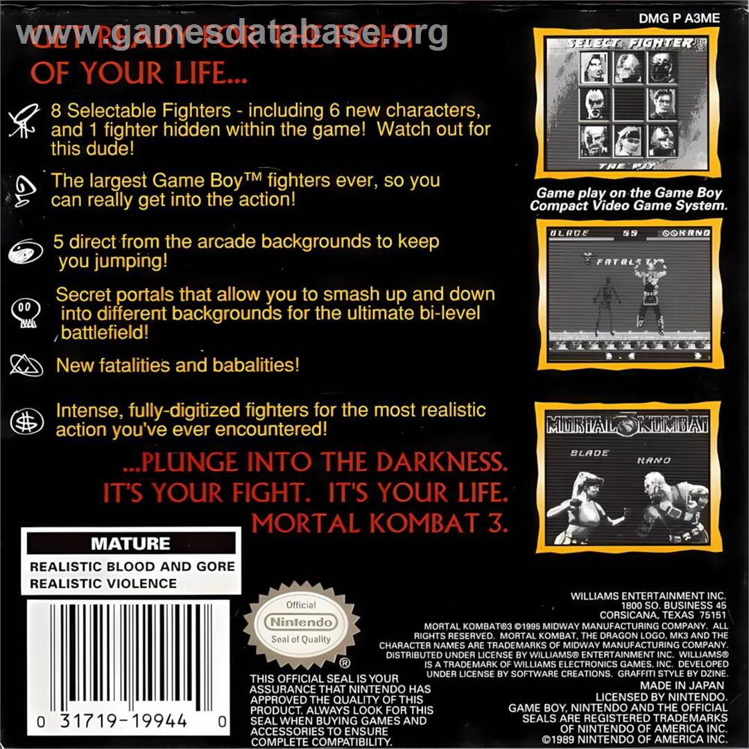 Mortal Kombat 3 - Nintendo Game Boy - Artwork - Box Back