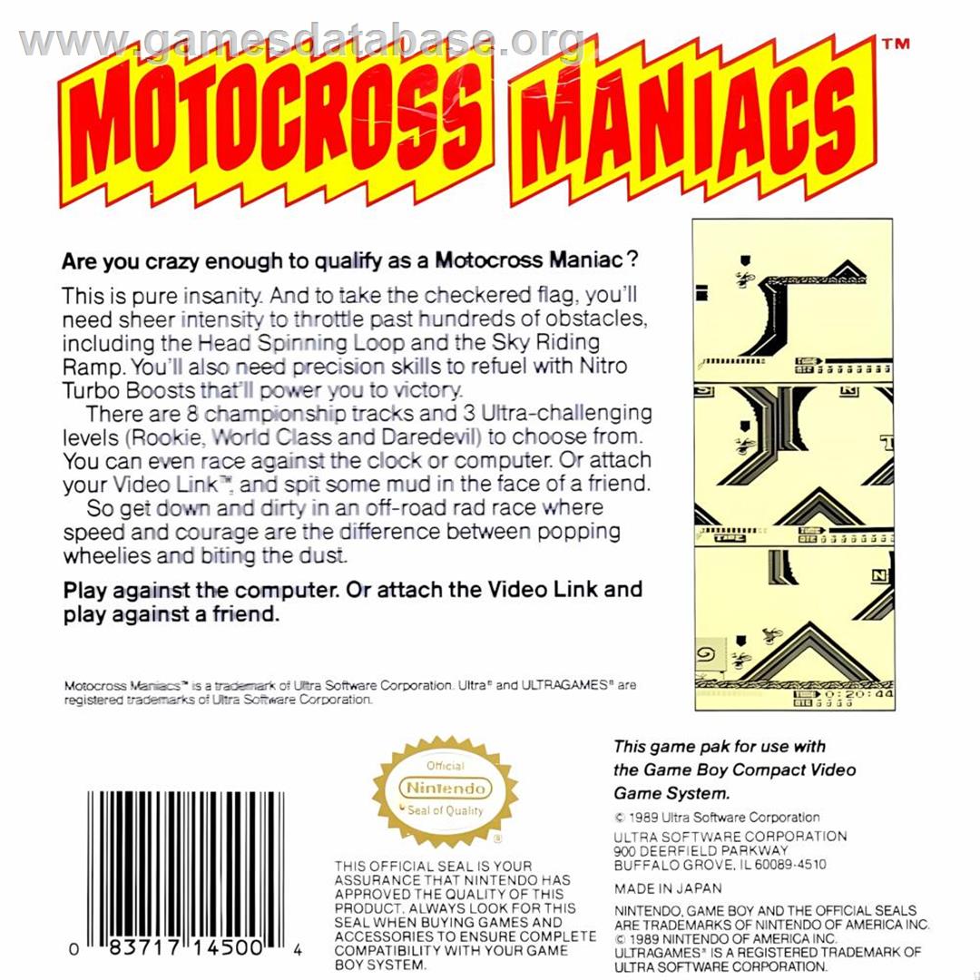Motocross Maniacs - Nintendo Game Boy - Artwork - Box Back