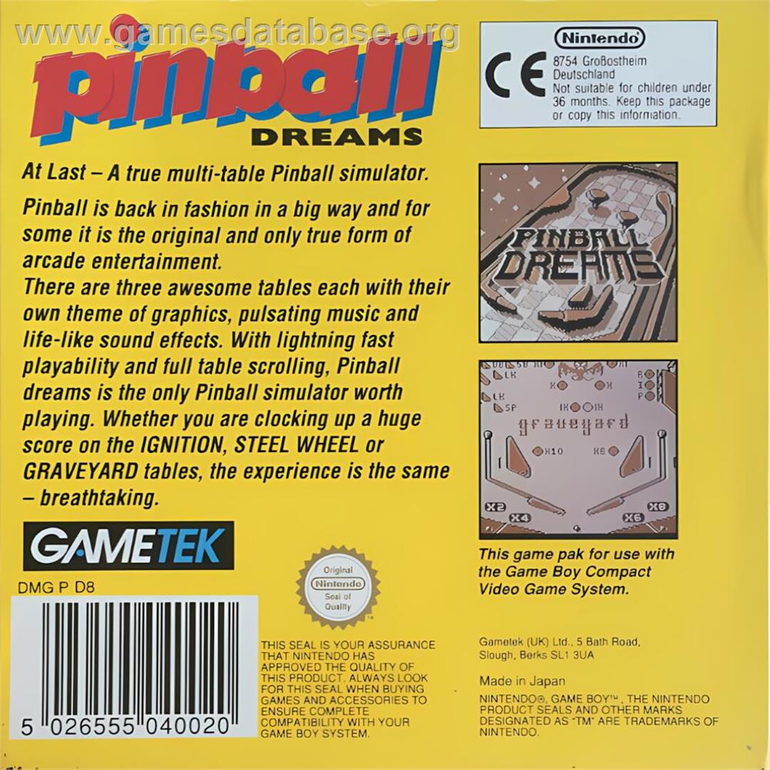 Pinball Dreams - Nintendo Game Boy - Artwork - Box Back