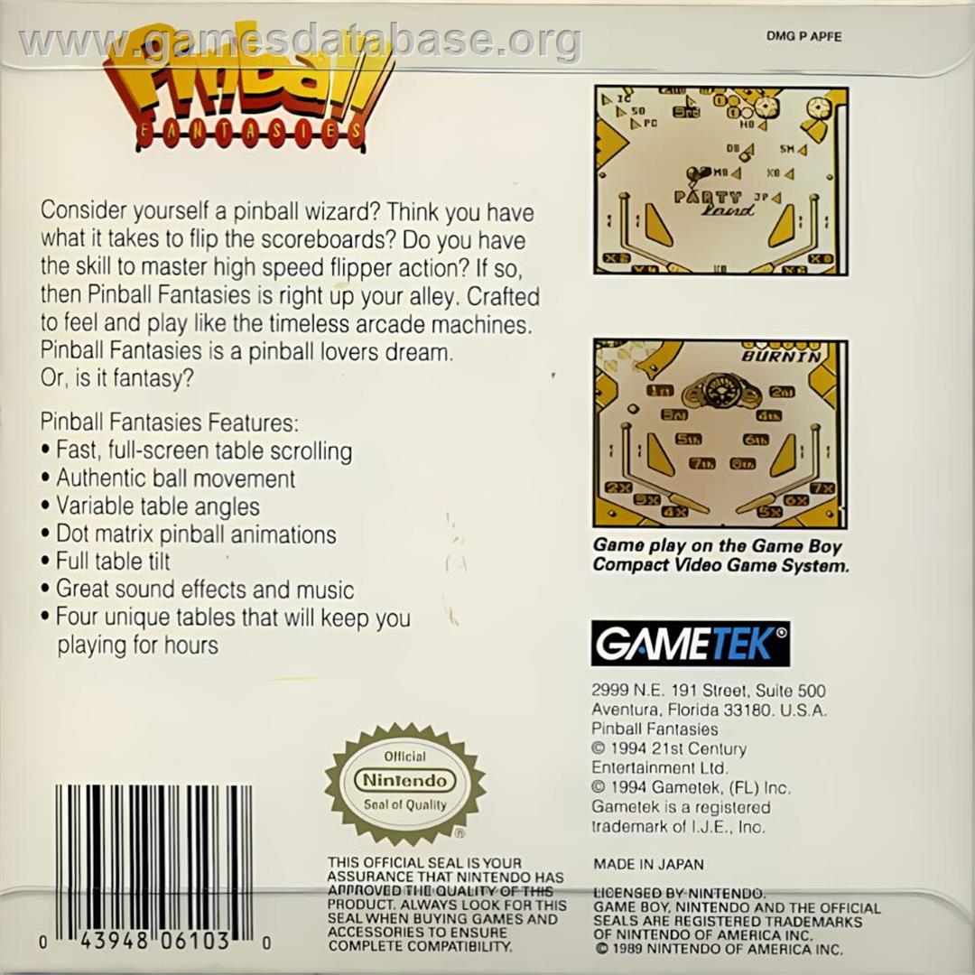 Pinball Fantasies - Nintendo Game Boy - Artwork - Box Back