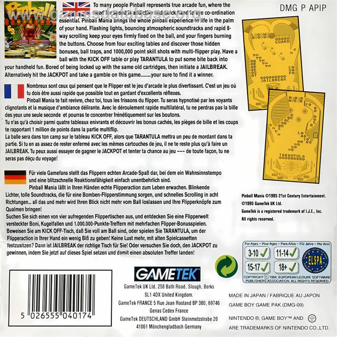 Pinball Mania - Nintendo Game Boy - Artwork - Box Back