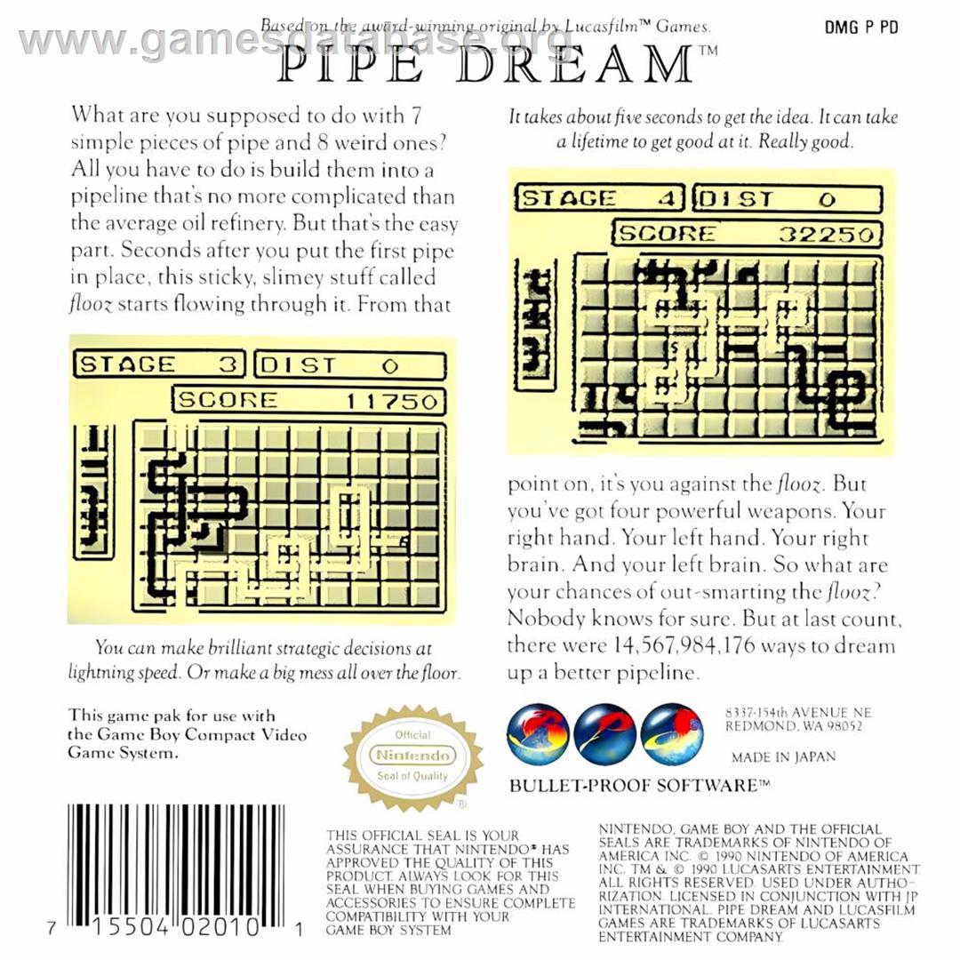 Pipe Dream - Nintendo Game Boy - Artwork - Box Back