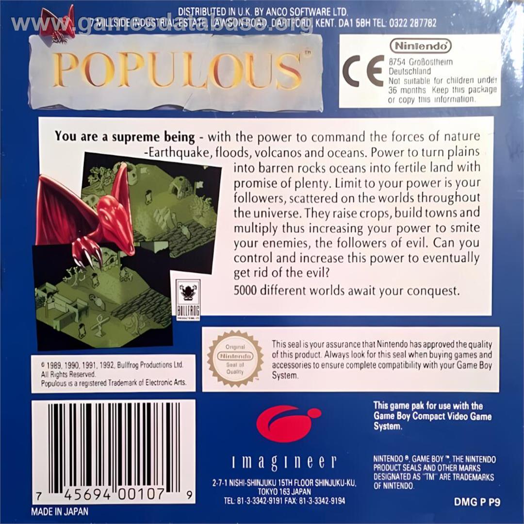 Populous - Nintendo Game Boy - Artwork - Box Back