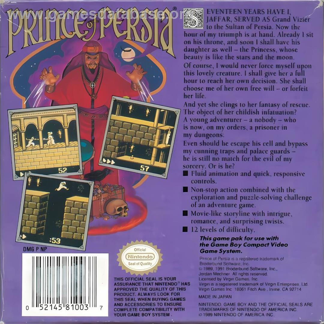 Prince Of Persia - Nintendo Game Boy - Artwork - Box Back