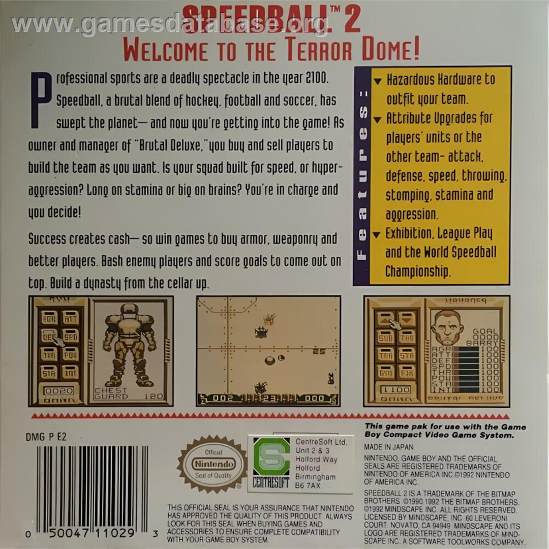 Speedball 2 - Brutal Deluxe - Nintendo Game Boy - Artwork - Box Back