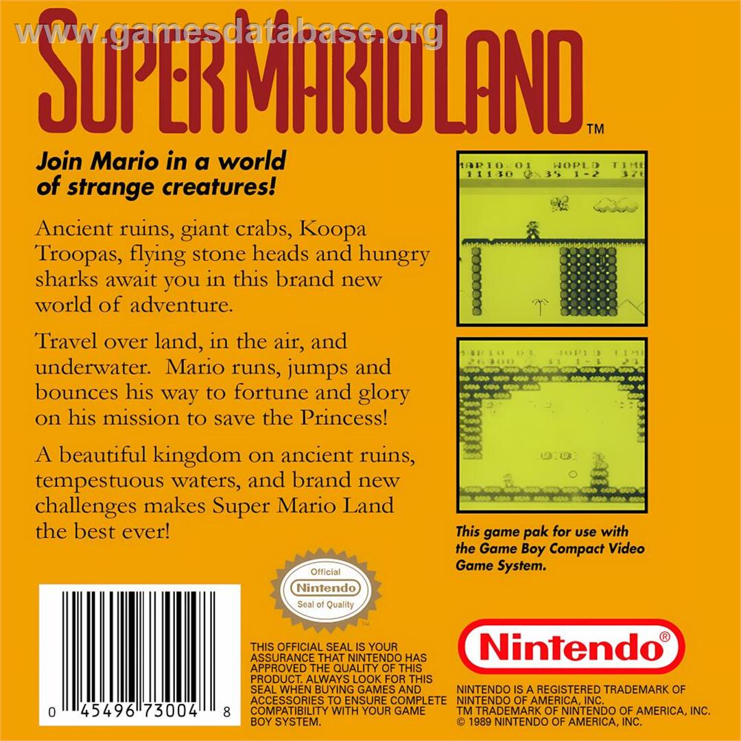 Super Mario Land - Nintendo Game Boy - Artwork - Box Back
