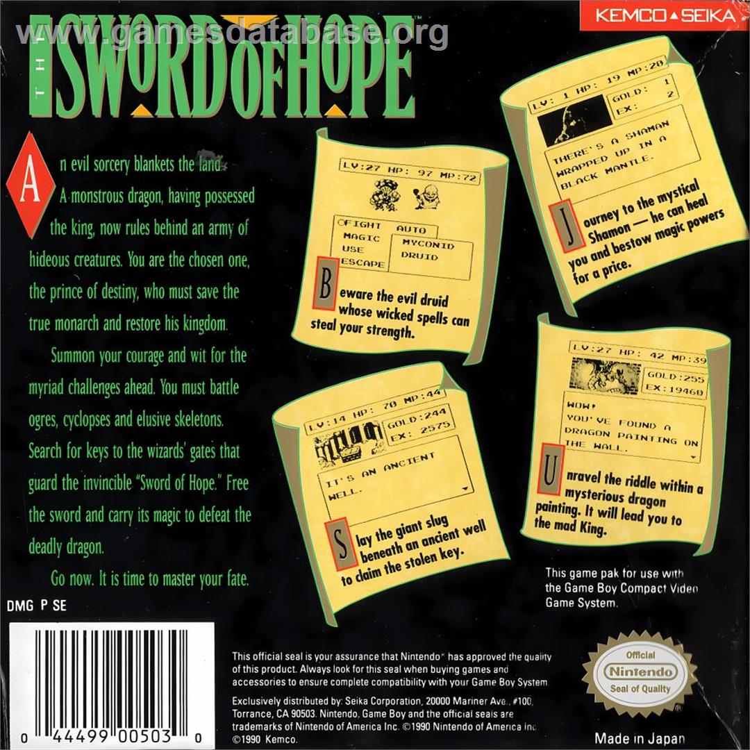 Sword Of Hope, The - Nintendo Game Boy - Artwork - Box Back