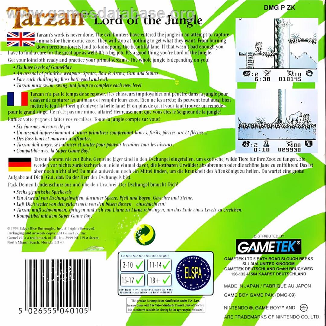 Tarzan - Lord of the Jungle - Nintendo Game Boy - Artwork - Box Back