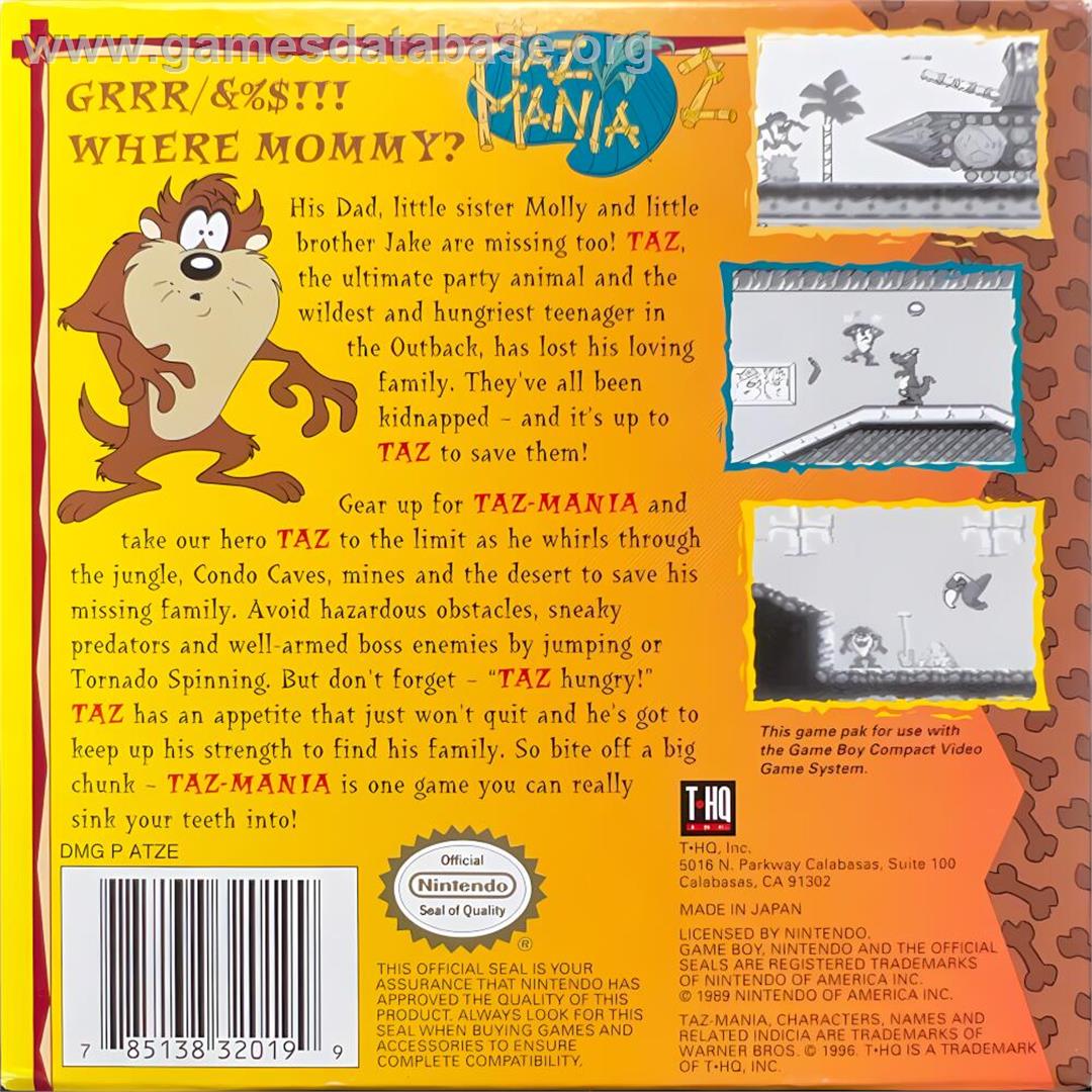 Taz-Mania - Nintendo Game Boy - Artwork - Box Back