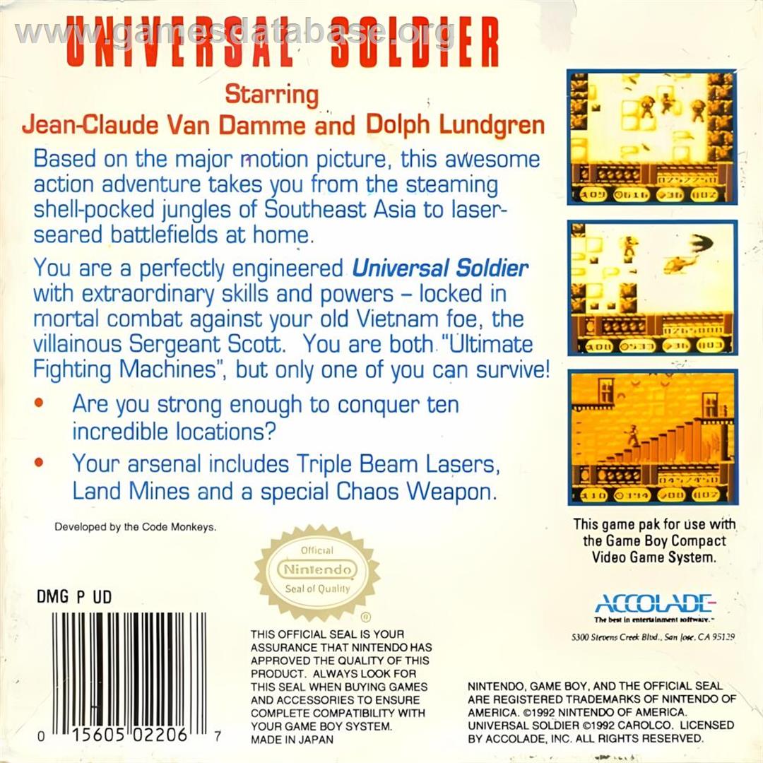 Universal Soldier - Nintendo Game Boy - Artwork - Box Back
