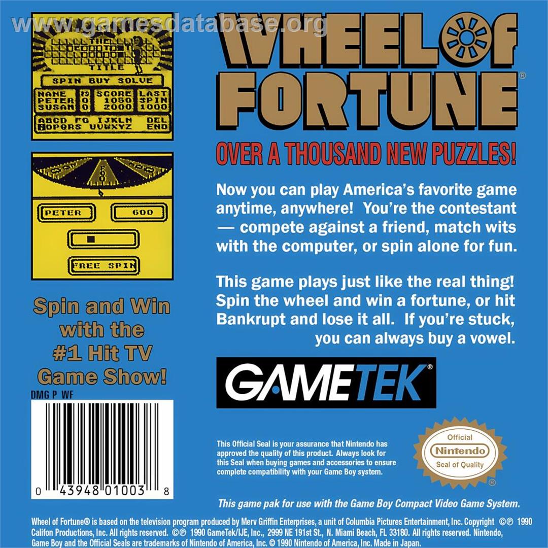 Wheel Of Fortune - Nintendo Game Boy - Artwork - Box Back