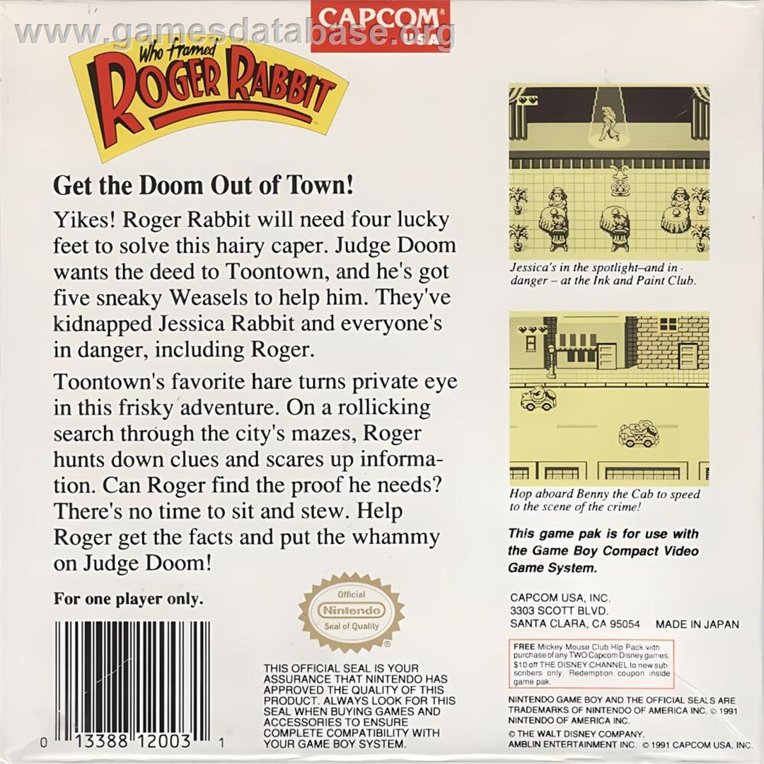 Who Framed Roger Rabbit? - Nintendo Game Boy - Artwork - Box Back