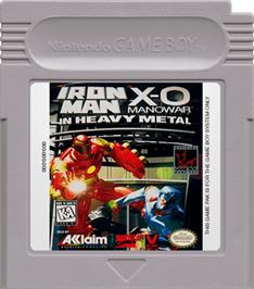 Cartridge artwork for Iron Man / X-O Manowar in Heavy Metal on the Nintendo Game Boy.