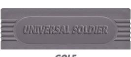Top of cartridge artwork for Universal Soldier on the Nintendo Game Boy.
