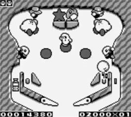 In game image of Kirby's Pinball Land on the Nintendo Game Boy.