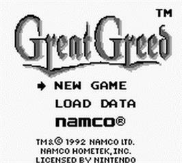 Title screen of Great Greed on the Nintendo Game Boy.