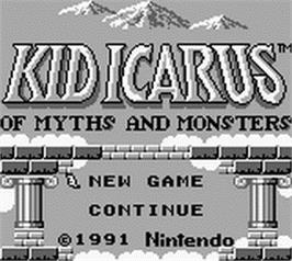 Title screen of Kid Icarus: Of Myths and Monsters on the Nintendo Game Boy.