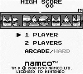Title screen of Ms. Pac-man on the Nintendo Game Boy.
