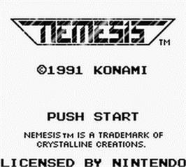 Title screen of Nemesis on the Nintendo Game Boy.
