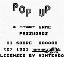 Title screen of Pop Up on the Nintendo Game Boy.