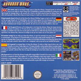 Box back cover for Advance Wars on the Nintendo Game Boy Advance.